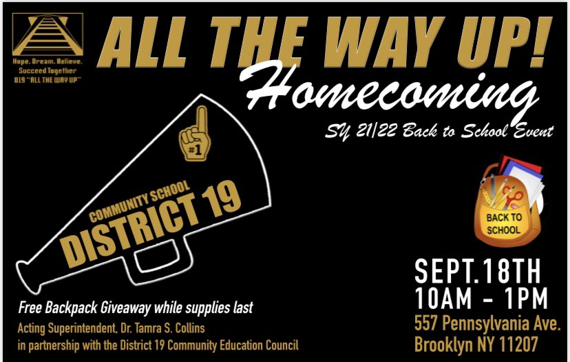 Community District 19 (@nycdistrict19) on Twitter photo Join us this Saturday, September 18th for our District 19 Homecoming! #d19allthewayupandbeyond
<a href="/TamraCollinsD19/">Tamra Collins</a> @ExecSuptKWatts <a href="/SandraD_Avilar/">Sandra D'Avilar</a> <a href="/SpenceIreneK/">Irene K. Spence</a> Join us this Saturday, September 18th for our District 19 Homecoming! #d19allthewayupandbeyond
<a href="/TamraCollinsD19/">Tamra Collins</a> @ExecSuptKWatts <a href="/SandraD_Avilar/">Sandra D'Avilar</a> <a href="/SpenceIreneK/">Irene K. Spence</a>