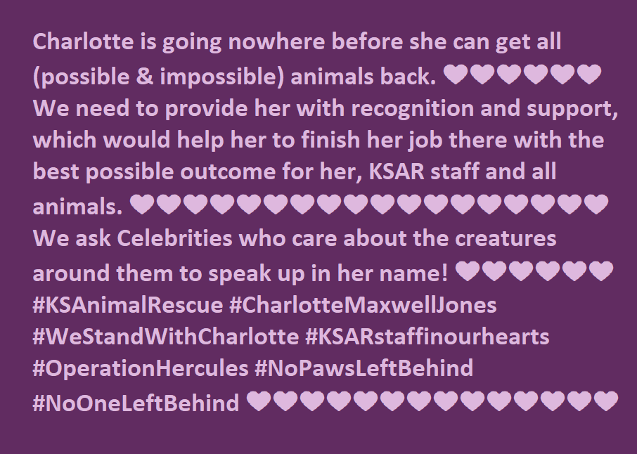 #KSAnimalRescue 💜💜💜💜💜💜💜💜
#CharlotteMaxwellJones 💜💜💜💜💜💜
#WeStandWithCharlotte  💜💜💜💜💜💜
#KSARstaffinourhearts 💜💜💜💜💜💜💜
#OperationHercules 💜💜💜💜💜💜💜💜
#NoPawsLeftBehind 💜💜💜💜💜💜💜💜
#NoOneLeftBehind 💜💜💜💜💜💜💜💜
#LoveNotHate 💜💜💜💜💜💜💜💜💜
