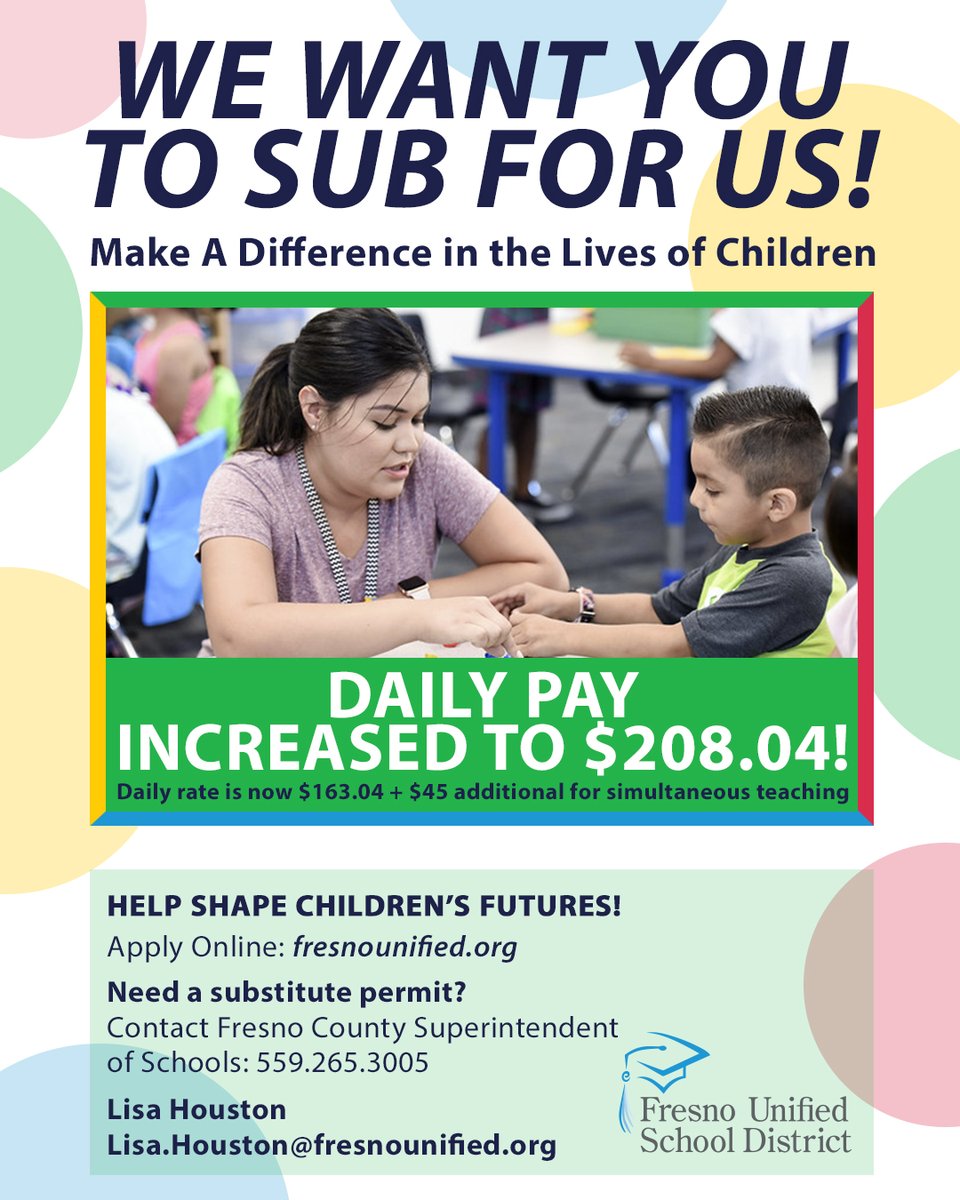 UPDATE! We've increased our daily pay rate for substitute teachers! We are now paying a total of $208.04 per day for substitute teachers! The daily rate is now $163.04 plus an additional $45 per day to be prepared for possible simultaneous instruction. Please share! #FUSDFamily