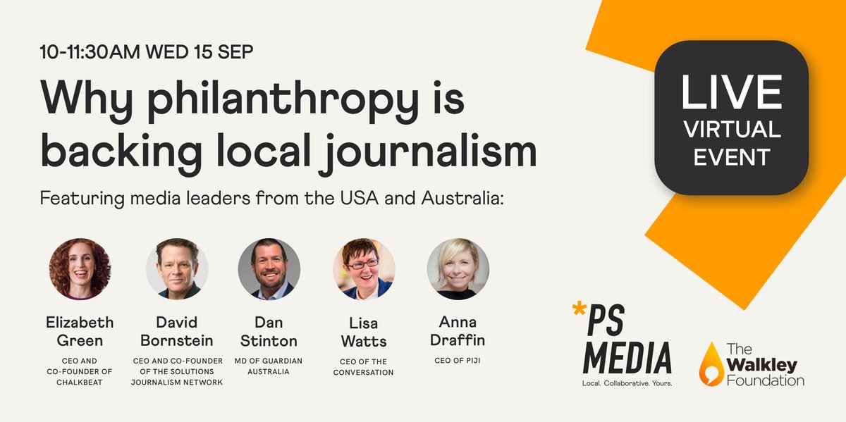 PSMedia's tweet image. Excitingly, we have 170+ RSVPs for our inaugural @PSMedia event, starting right now! 

In partnership with the @walkleys, hosted by @zdaniel, featuring @elizwgreen @dnbornstein @AnnaDraffin @danstinton and @LisaWattsModern Please join us! runtheworld.today/app/c/walkleys…