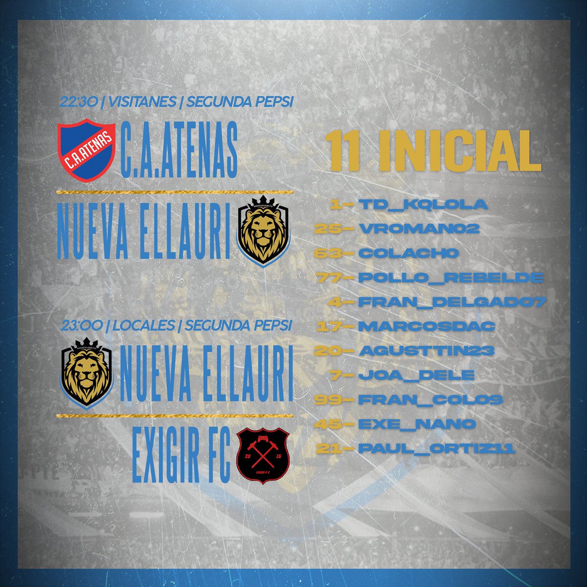 eNuevoEllauri's tweet photo. #eSports #FIFA21 #PS4 | 🎮

#segundapepsi @FUFVeSports 🏆

Se juegan la fecha 11 y 12, partidos que definen muchas cosas, todos juntos como siempre 💙 🕹️

22:30hrs 🆚 @AtenasEsports
23:00hrs 🆚 @ExigirFCeSports https://t.co/h78hUqcYUe