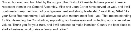 GregVitalTN's tweet photo. Thank you #HD29 residents for entrusting me to represent you in the Gen. Assembly. I will carry on Mike and Joan’s torch of good governance and strong leadership. I will always put YOU first! https://t.co/cOAT4Knksp