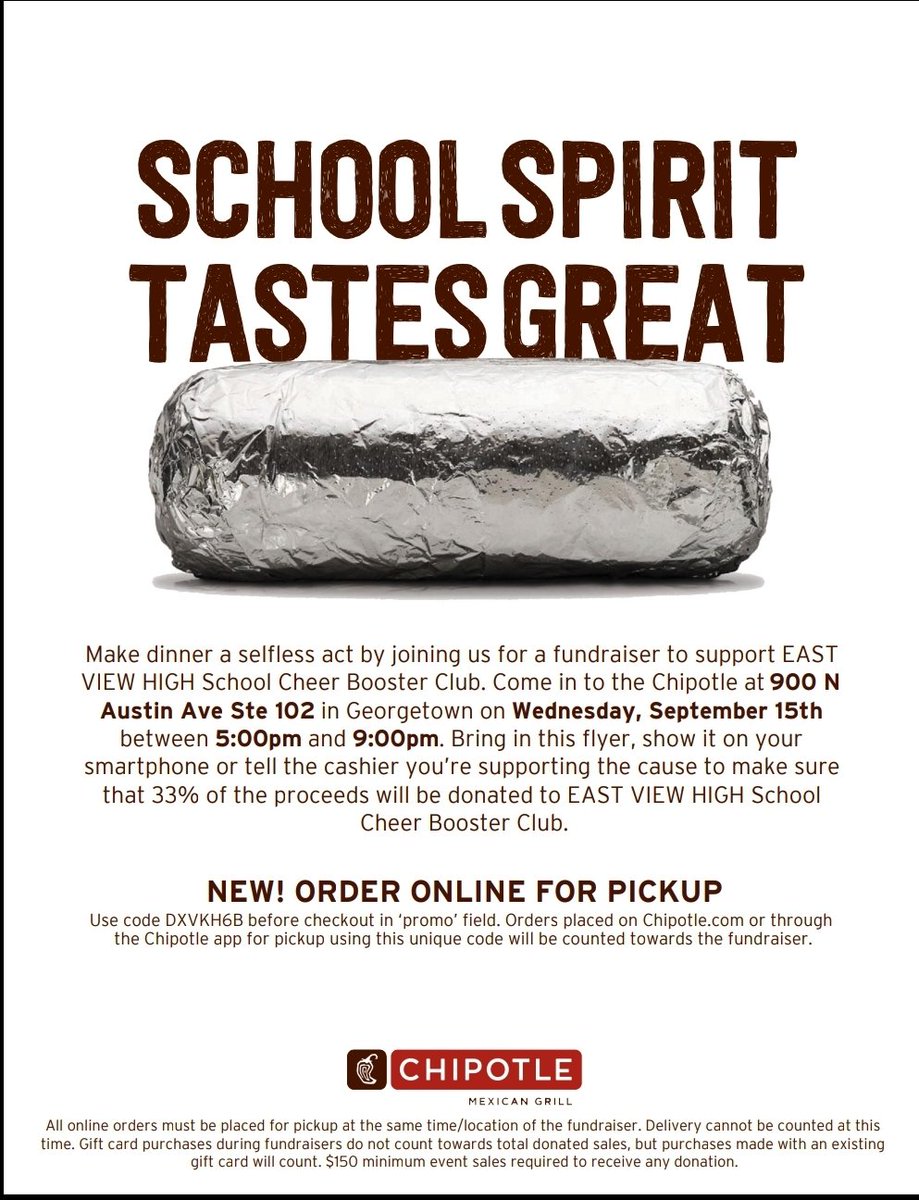 ksalazar2017's tweet photo. Don't forget tomorrow is 
SPIRIT NIGHT @ CHIPOTLE  in Georgetown on Wednesday, Sept. 15th from 5pm-9pm! Present this flyer , or tell the cashier you’re supporting EVHS Cheer Boosters, and we’ll receive 33% of proceeds 😃💕 https://t.co/bgTweTmWoa