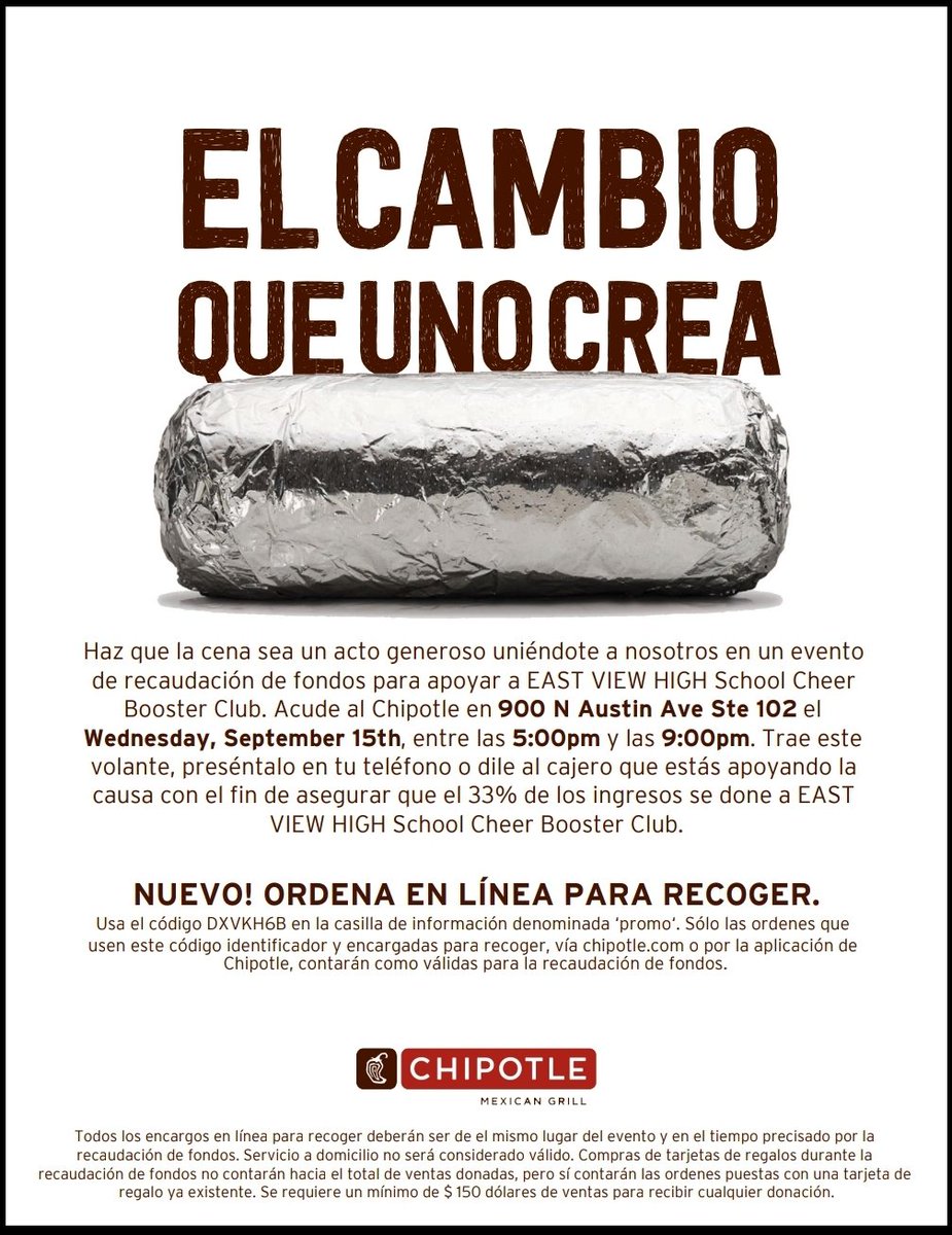 ksalazar2017's tweet photo. Don't forget tomorrow is 
SPIRIT NIGHT @ CHIPOTLE  in Georgetown on Wednesday, Sept. 15th from 5pm-9pm! Present this flyer , or tell the cashier you’re supporting EVHS Cheer Boosters, and we’ll receive 33% of proceeds 😃💕 https://t.co/bgTweTmWoa