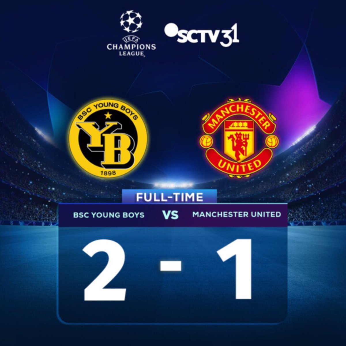 SCTV's tweet photo. Secara mengejutkan @ManUtd pun takluk 1 - 2 dari tuan rumah Young Boys pada pertandingan #UCLSCTV
#UEFASCTV #SCTVSports https://t.co/qoe8lFgJka