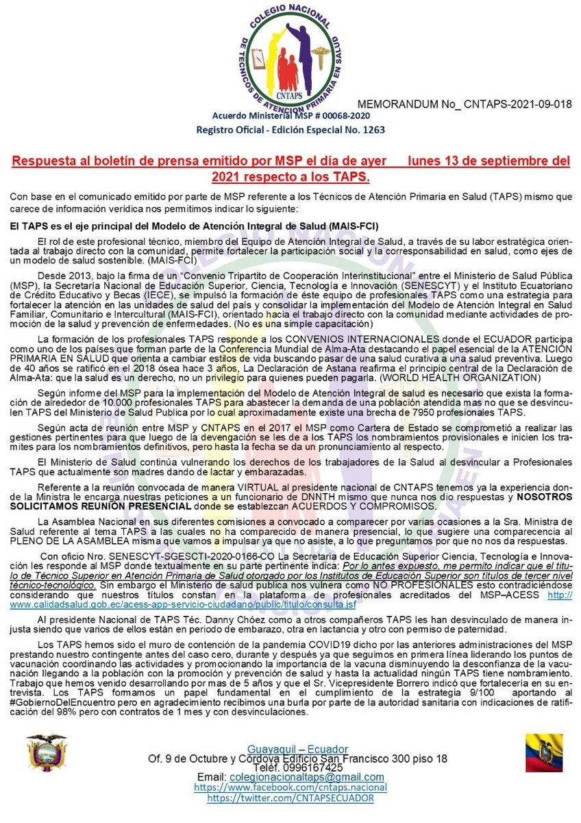 CNTAPSECUADOR's tweet photo. En base al #BoletinDePrensa del día de ayer emitido por parte de @Salud_Ec @XimenaGarzon11  respecto a #TAPS respondemos lo siguiente:

@LassoGuillermo 
@ABorreroVega 
@opsoms @OPSECU @CorteIDH @CpccsEc @Presidencia_Ec @Vice_Ec @Leon84Victor @pabloxtoro @montielfelix https://t.co/1P1NkjL5QP
