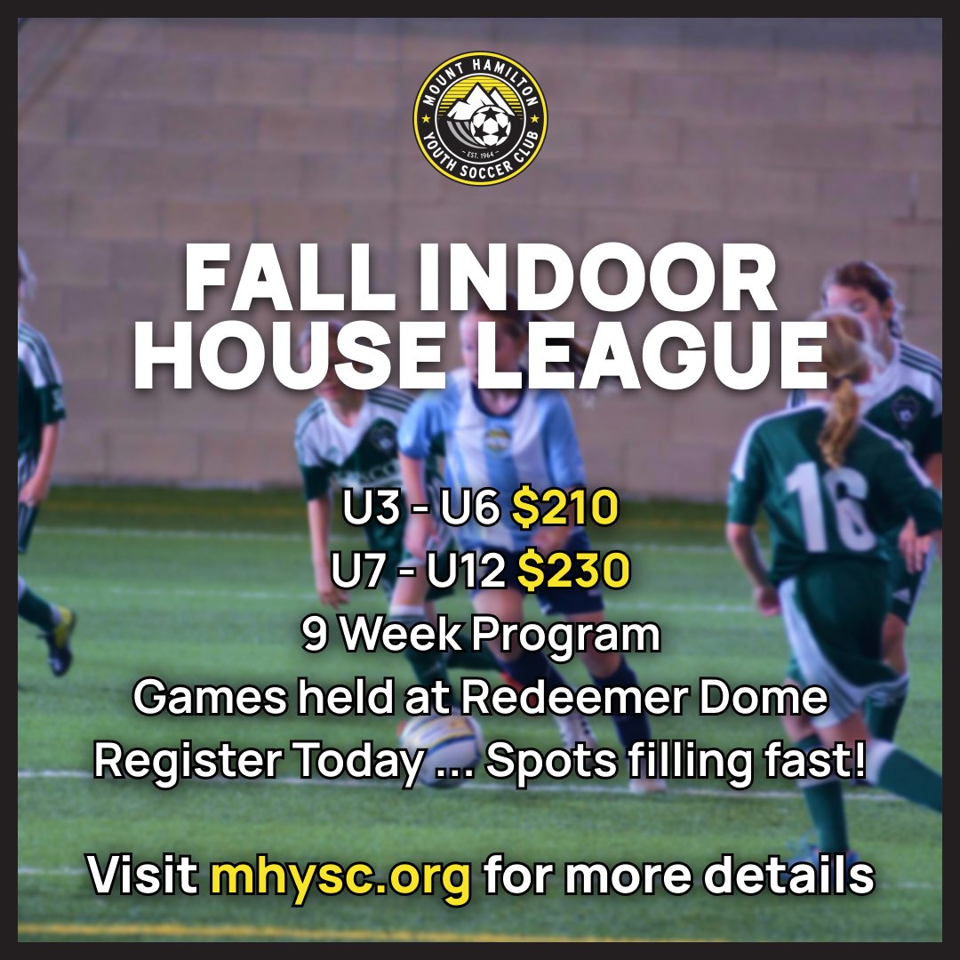 MHYSC's tweet photo. Have you heard that #MHYSC will be running an Indoor Fall House League program this year?
The Fall Indoor House League 
program will run for 9 weeks and will provide u3-u12 players the opportunity to keep active and continue to play soccer indoors.
visit https://t.co/aIWaNvznq2 https://t.co/AO717VT55k