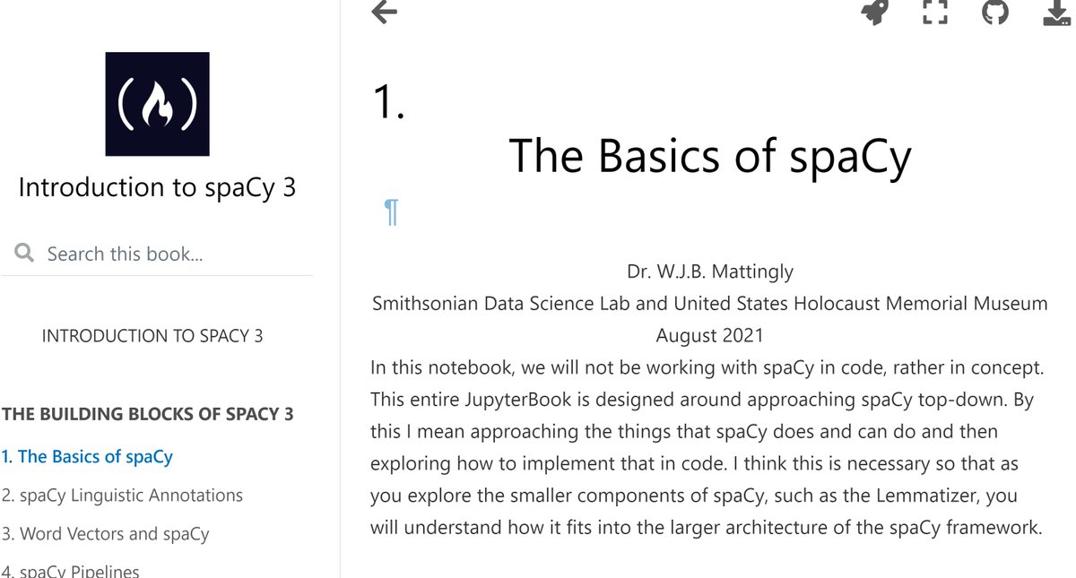 wjb_mattingly's tweet photo. Recording is now done for my @freeCodeCamp course on @spacy_io ! It comes with a JupyterBook too which can be found at https://t.co/XOJGwocgWj

#NLP https://t.co/Az0k4qPFYH