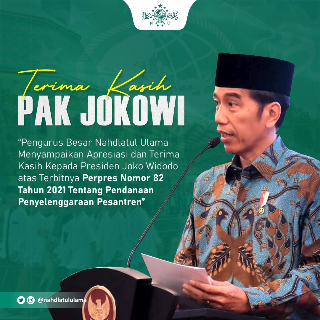 Pengurus Besar Nahdlatul Ulama menyampaikan apresiasi dan ucapan terima kasih Kepada Presiden RI Bapak Joko Widodo <a href="/jokowi/">Joko Widodo</a> atas ditekennya Perpres Nomor 82 Tahun 2021 tentang Pendanaan Penyelanggaraan Pesantren.