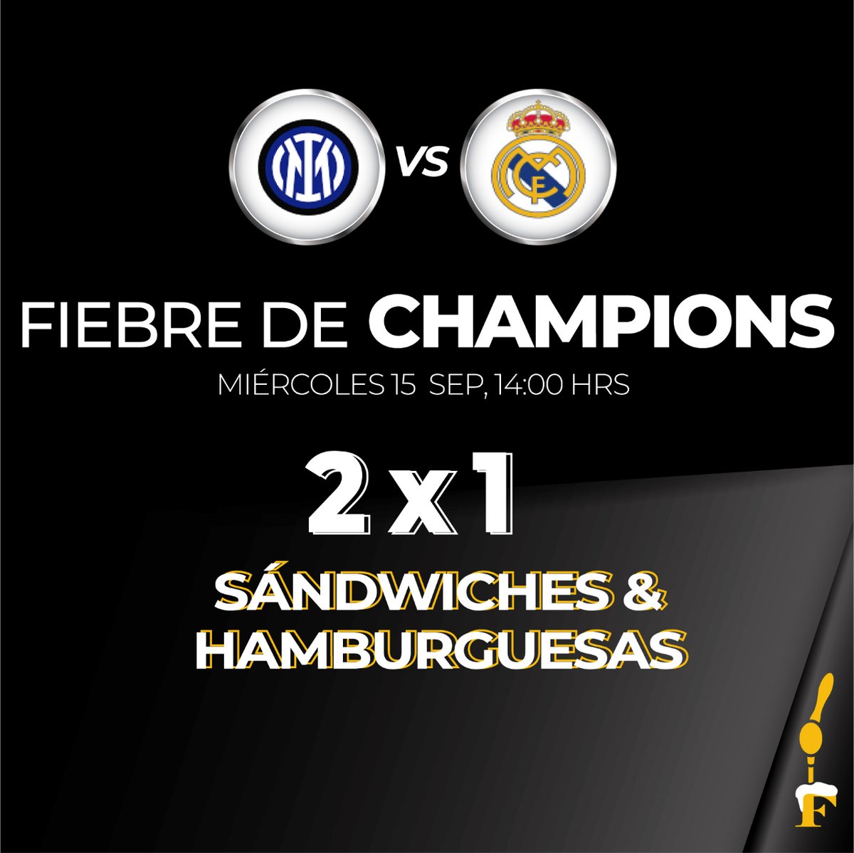 Fiebre de #ChampionsLeague te esperamos para nuestro MIÉRCOLES de 2x1 en sándwiches y hamburguesas.
Reserva ya
