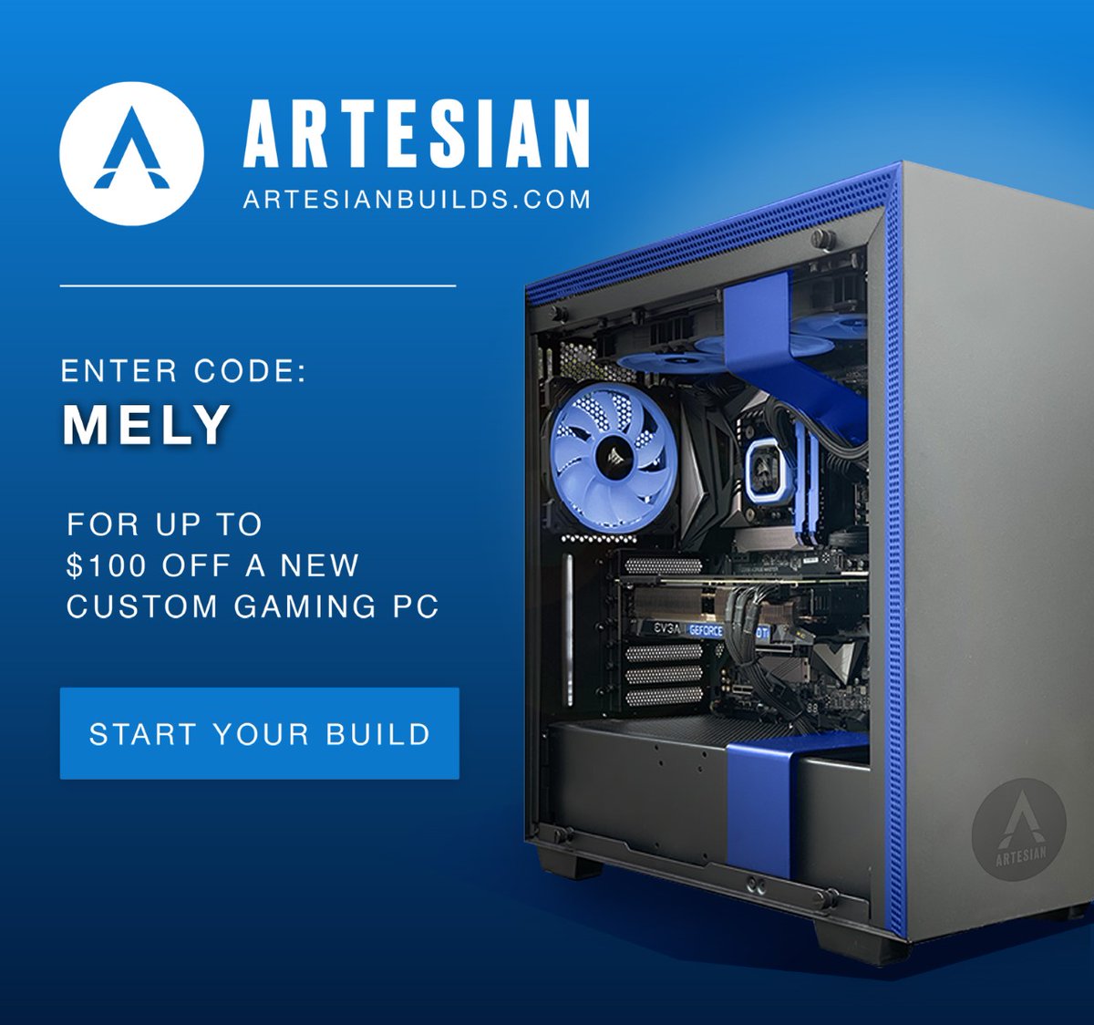 I can finally announce my partnership with <a href="/ArtesianBuilds/">Artesian Builds</a>! Instead of 100$ it is now 200$ off a custom building PC with using code "Mely"🥰
