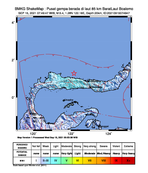 infoBMKG's tweet photo. #Gempa Mag:5.4, 15-Sep-21 07:49:47 WIB, Lok:1.28 LU, 122.16 BT (Pusat gempa berada di laut 85 km BaratLaut Boalemo), Kedlmn:20 Km Dirasakan (MMI) III Boalemo, II - III Buol, II Manado, II Bone Bolango, II Gorontalo #BMKG https://t.co/swlwdv5euG