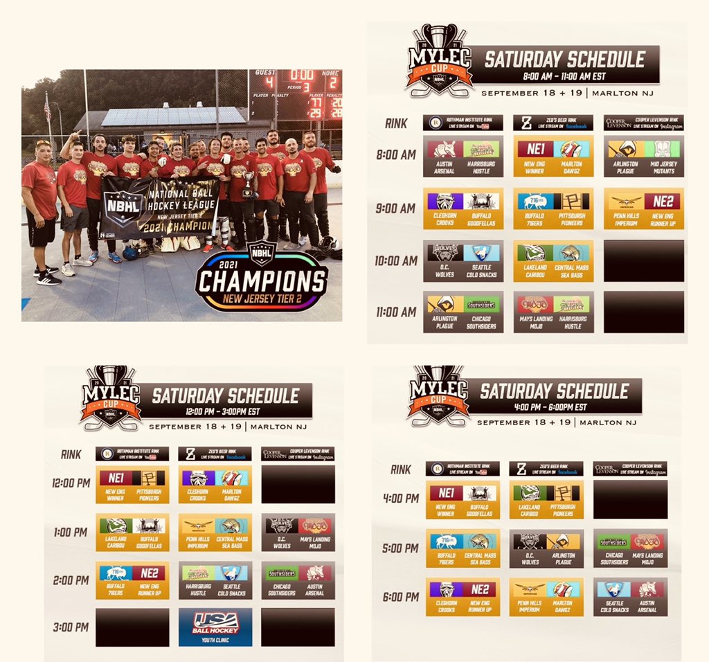 ML Mojo’s Schedule and opponents for the Mylec cup this Saturday Sept 18th. Games are in Marlton at 11am, 1pm &amp; 5pm come out and show support for the NJ tier 2 representative.