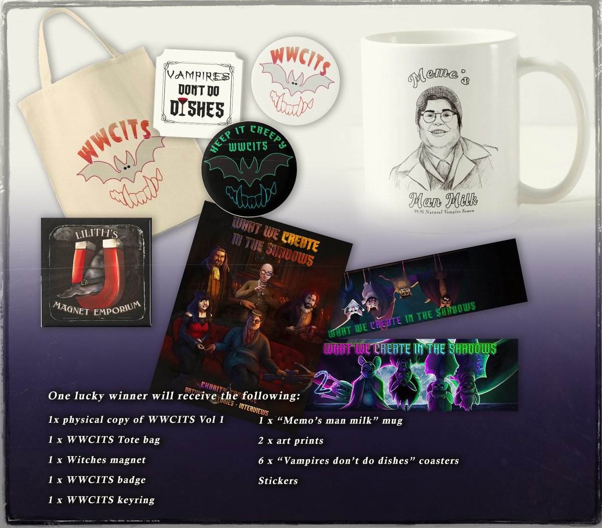 wwcits's tweet photo. Hello everyone! It's🌟GIVEAWAY TIME🌟Get your bat paws on some exclusive WWCITS merch! Follow our page, Like &amp; RT *THIS* original post in order to enter! Entries close Sept 22 at 11:59pm EST &amp; winner will be chosen at random.

#WWDITS #WhatWeDointheShadows #ShadowsFX #Fanzine https://t.co/ABJbYqmlg0