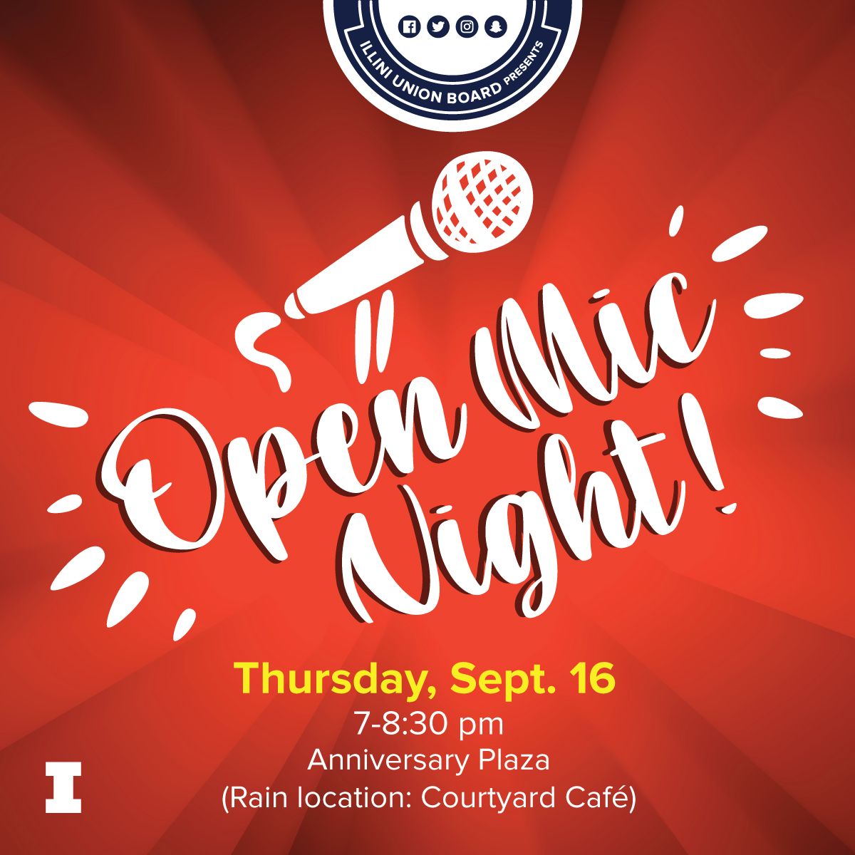 IUBoardPresents's tweet photo. Plans on Thursday? Join us and many talented Illini for Open Mic Night this Thursday, September 16th 7-8:30pm - Anniversary Plaza. 

Sign-ups are full. Come out to support your fellow Illini! https://t.co/zMSnMftAje