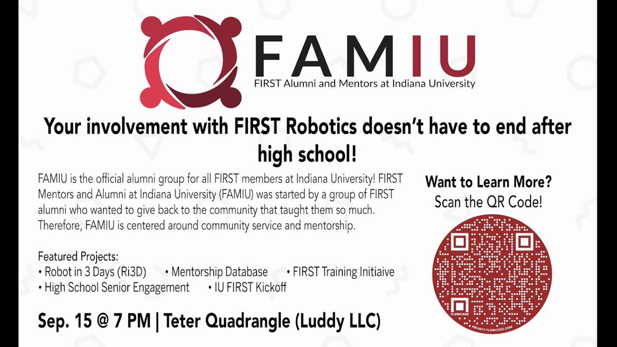 Hello everyone! We are so excited to announce that our call-out meeting is happening tomorrow at 7:00PM in the Teter Quadrangle. This event is open to everyone, regardless of previous involvement in FIRST robotics, and we look forward to seeing you!
<a href="/IULuddy/">IU Luddy</a> @FIRSTINRobotics