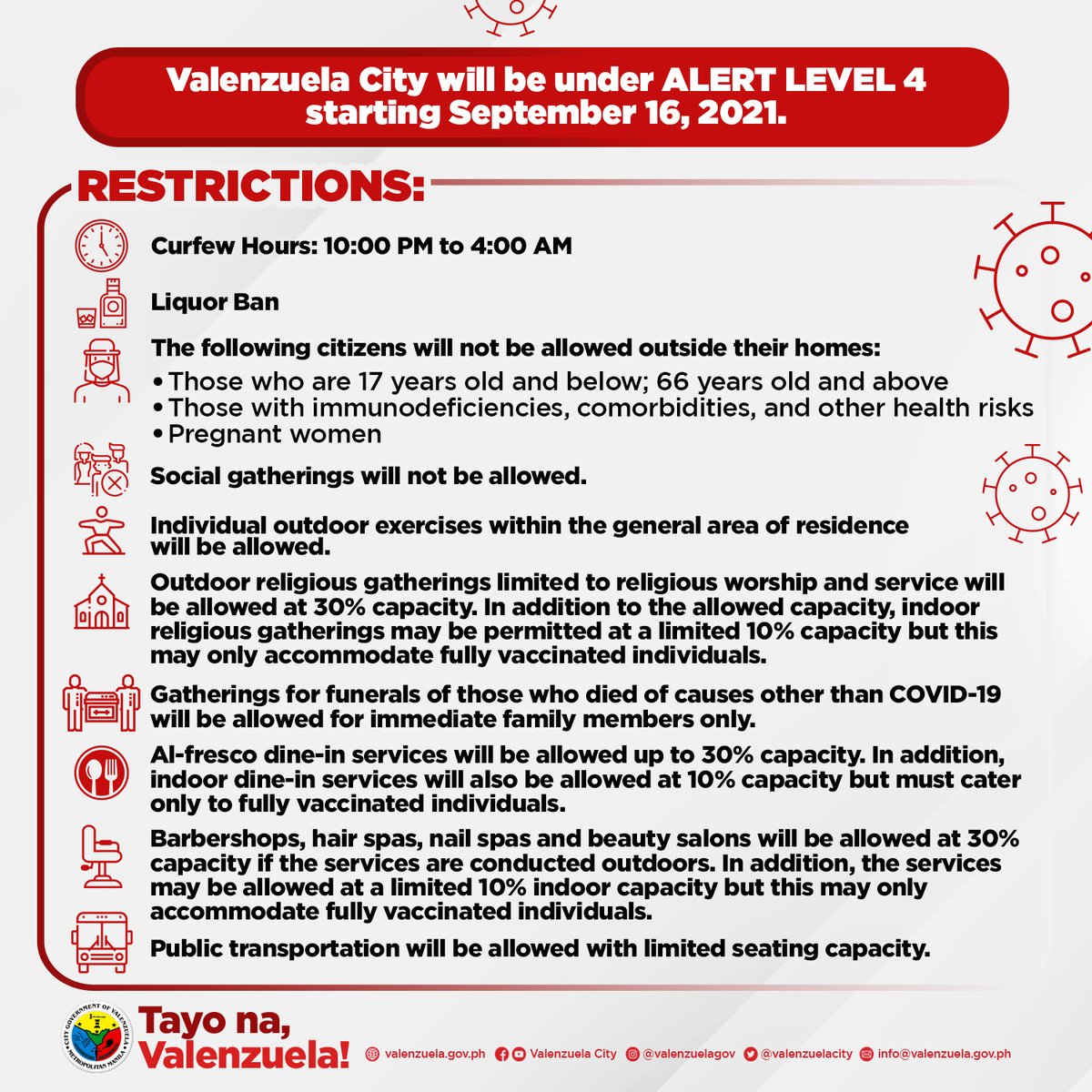 valenzuelacity's tweet image. Metro Manila, including Valenzuela City, will be under GCQ #AlertLevel4 starting September 16, 2021.

The following guidelines will be implemented under the new quarantine classification: