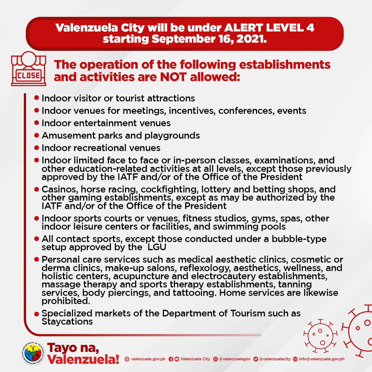 valenzuelacity's tweet image. Metro Manila, including Valenzuela City, will be under GCQ #AlertLevel4 starting September 16, 2021.

The following guidelines will be implemented under the new quarantine classification: