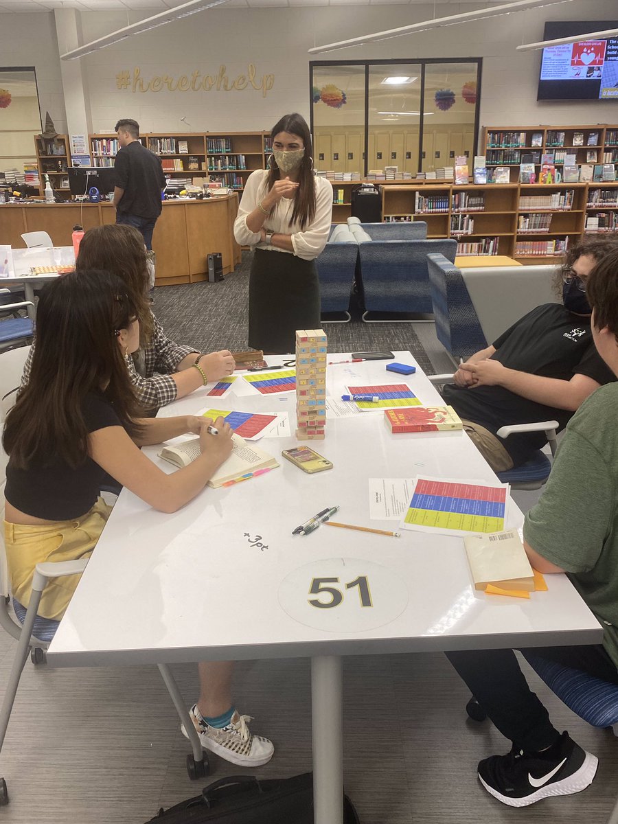 PendletonHigh's tweet photo. Mrs. Randall’s AP Lit. class turned Socratic seminar on its head today with a riveting game of Literary Jenga. Teams competed for points while discussing rigorous questions using textual evidence.#learningisfun #socraticseminar @JENGA #jengatime #phsinstruction #bulldogsmart https://t.co/yBGEIKUZ3R