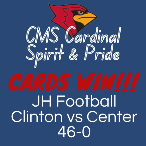 CMSCardinals's tweet photo. Congratulations to our CMS Cardinals on their WIN tonight at Center! What a great day to be a CARDINAL 🏈🏈🏈 #CardinalPride #united https://t.co/mfNhEZ52mB