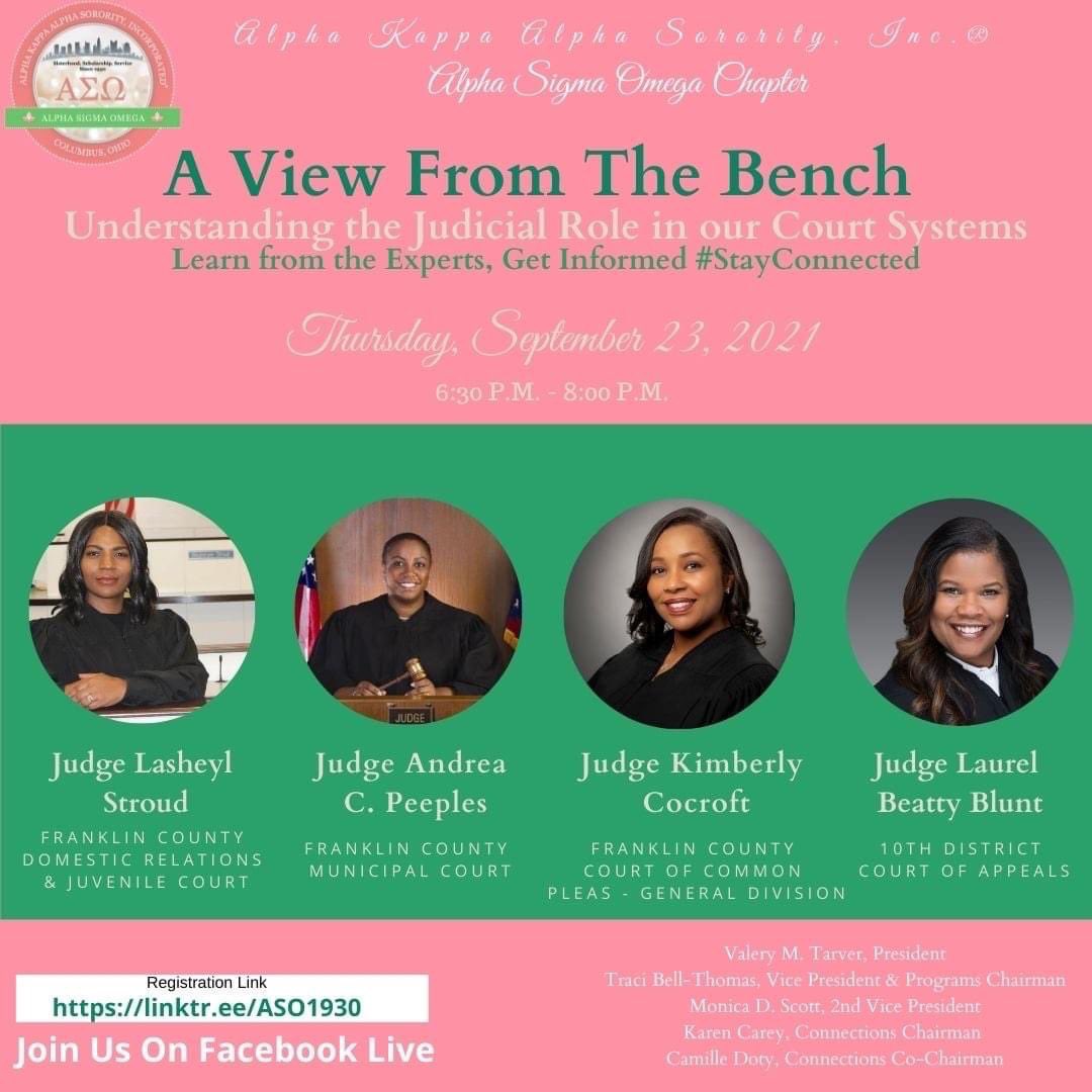 Please join us on Thursday, September 23rd from 6:30pm – 8:00pm on Zoom or FB live for my  chapter's “A View From the Bench.” program.#AKA1908 #ASO1930 #BEingPremier #justice
us02web.zoom.us/meeting/regist…