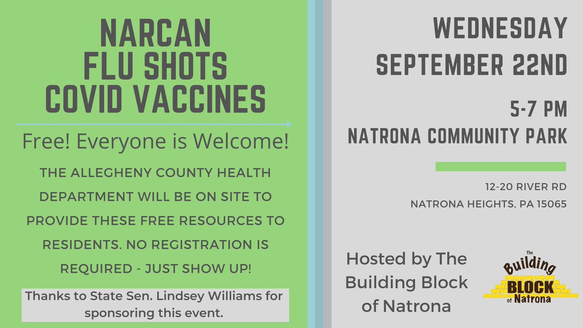 bbnatrona's tweet photo. Get a free flu shot, COVID vaccine or NARCAN from the @HealthAllegheny on Sept. 22nd at Natrona Community Park! It's free and everyone is welcome. Sponsored by @SenWilliamsPA https://t.co/SpQVIGS2Dj