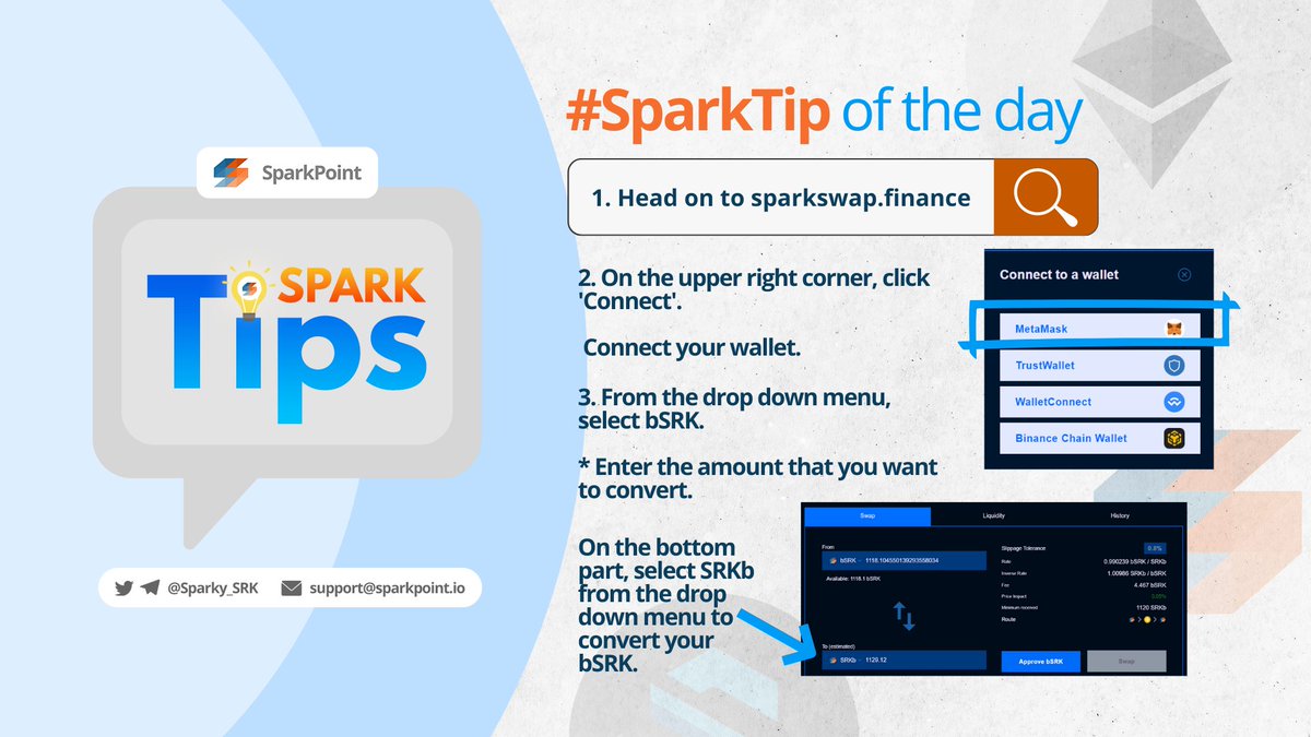 sparkpointio's tweet image. Planning to convert your bSRK to SRKb? Forget about the old 1:1 conversion and skip the waiting because we got #SparkSwap now for easy and fast swapping! ๐ Follow this short guide, then you're good! ๐
RT this for everyone's convenience! โจ
#SparkTips #SparkPoint
