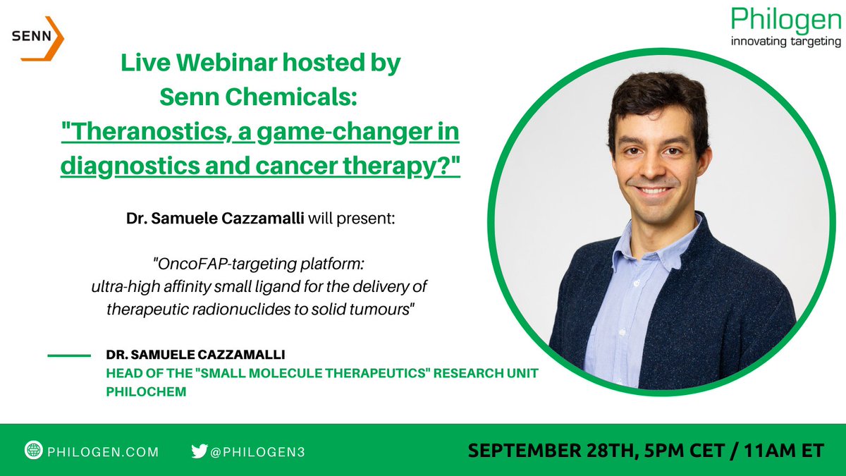 Philogen3's tweet photo. Don’t miss out on this opportunity and join Senn Chemicals #Webinar "Theranostics, a game-changer in diagnostics and #Cancer therapy?" on September 28th, 5pm CET / 11am ET.
Dr. Samuele Cazzamalli (#Philochem) is one of the speakers!
Register NOW at: https://t.co/0KGYlelv9m https://t.co/x8zY2SDmGV