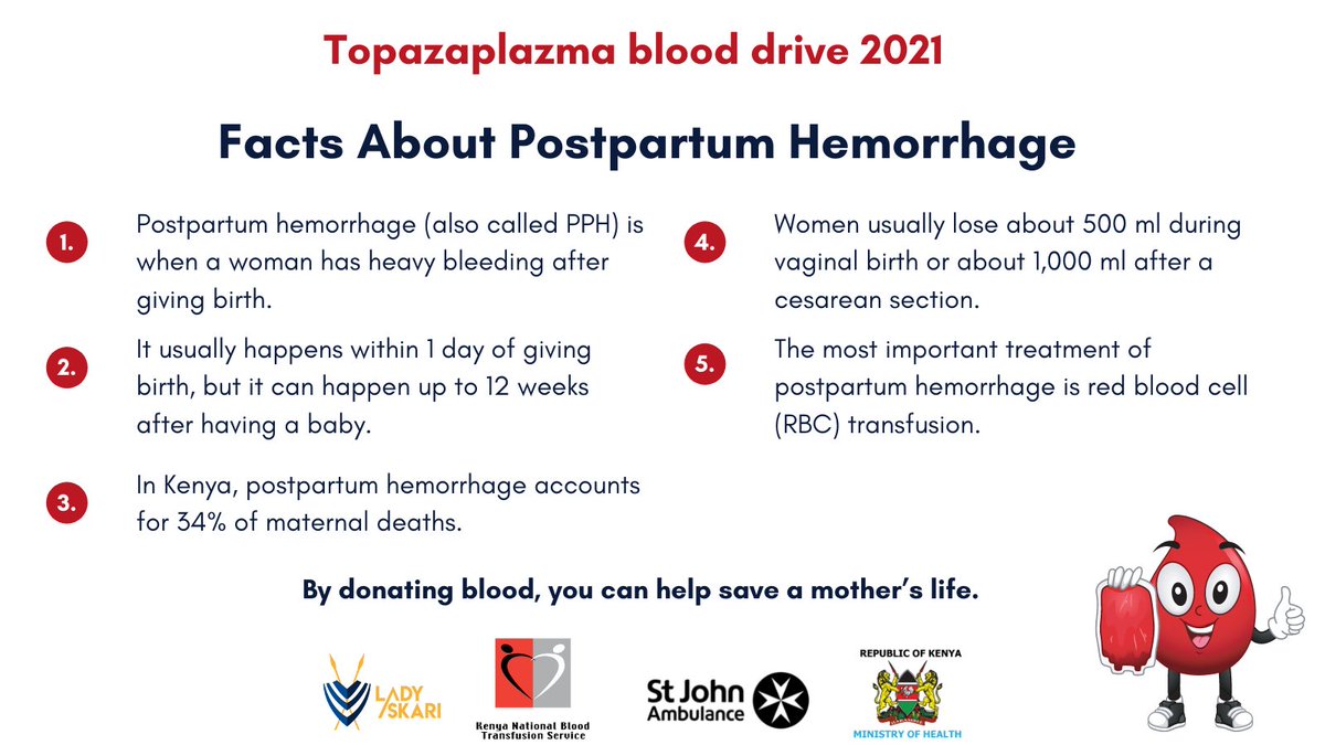 Did you know #postpartumhemorrhage is a leading cause of #maternaldeaths in Kenya?  
Join us for our upcoming #blooddrive to bring #awareness to PPH.
Nairobi
📅: Sept 25th - 26th
📍: PCEA Church, Kasarani
⌚: 9:00am - 4pm

Kisumu
📅: Sept 25th
📍: KMTC
⌚: 9:00am - 4pm