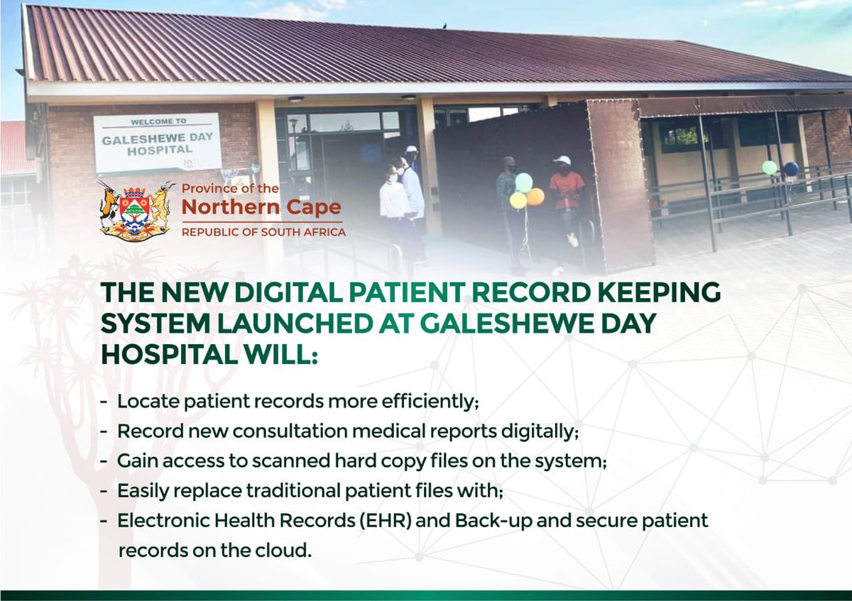 The Northern Cape Provincial Government this week launched the new digital record keeping system at Galeshewe Day Hopsital. This is a pilot project which we envisage to roll out throughout all healthcare facilities in the Province. 

@zsaul1 
#moderngrowingsuccessfulprovince