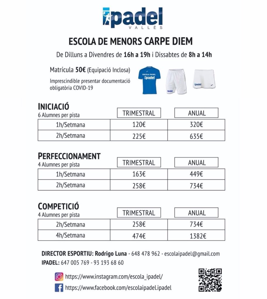 🆕 Vuelve un nuevo curso y la escuela de menores “CARPE DIEM” empieza su Temporada 2021/2022. Te esperamos 💪🏻🎾. 

🆕 Torna un nou curs i l'escola de menors "CARPE DIEM" comença la seva Temporada 2021/2022. T'esperem 💪🏻🎾.

#ipadelvalles #escolaipadel