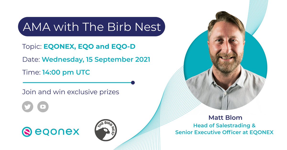 eqonex's tweet image. In our AMA with @TheBirbNest today, not only will you learn firsthand from @Matt1Blom on EQONEX&apos;s latest roadmap, but also how you can maximize the benefits from the EQO-D airdrop. 

Live in 6 hours: youtube.com/watch?v=R3Iy1Z…