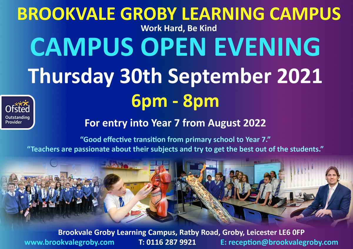 FAO Year 6 Parent/Carers, BGLC Open Evening is on 30th September 6pm - 8pm.
For more details please visit:
brookvalegroby.com/vip-year-6/
Admissions deadline is 31st October 2021, for entry into Year 7 from August 2022.
