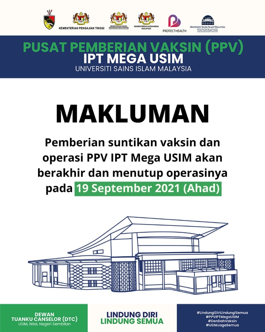 Makluman, pemberian suntikan vaksin dan operasi Pusat Pemberian Vaksin (PPV) IPT Mega USIM akan berakhir dan menutup operasinya pada 19 September 2021 (Ahad). 

#LindungiDiriLindungiSemua
#PPVIPTMegaUSIM
#DenDahVaksin
#USIMJagaSemua