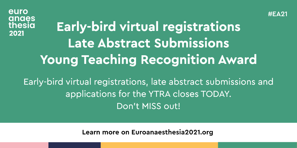 🚀Have you taken advantage of early-bird virtual #EA21 registration? 
🚀How about late abstract submission? 
🚀Did you apply for the YTRA 2021?

Don't miss out, the deadline is TODAY!

👉mailchi.mp/esaic/last-cha…

#YTRA #Anaesthesiologists #Intensivists