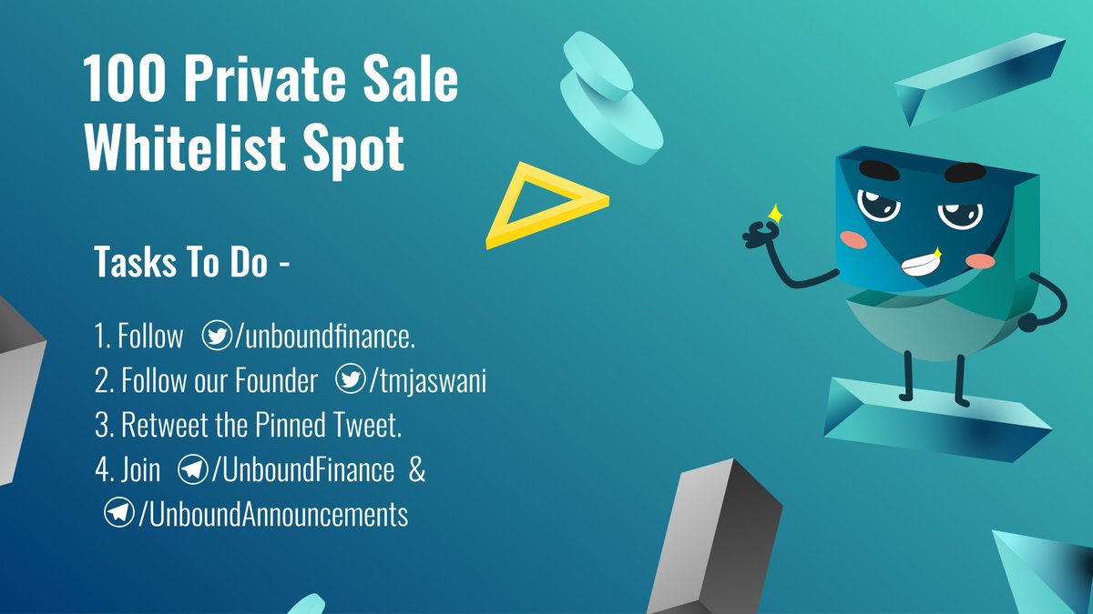 📢 #UnboundFinance Private Sale Whitelisting is now OPEN !! Participate and stand a chance to be one of the lucky 100 winners who gets to participate in our private sale, exclusively for #Unbounders. Contest Link : sweepwidget.com/view/33228-6ds… T&C : unboundfinance.medium.com/the-unbound-wh…