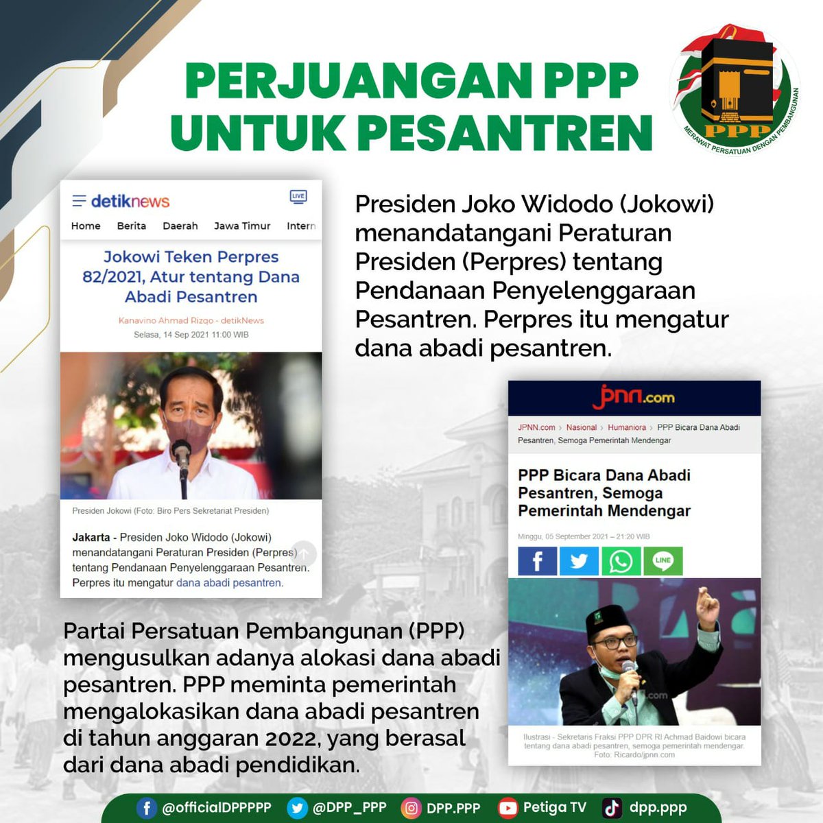 dpw_pppbabel's tweet photo. "Alhamdulillah, kami menyambut baik terbitnya Perpres No 82 Tahun 2021 ini. Kami apresiasi &amp; menyampaikan terima kasih kpd Presiden Jokowi ats kepastian mengenai pendanaan pesantren melalui Perpres ini," Ketua Majelis Syariah DPP PPP KH Mustofa Aqil Siradj, Selasa (14/9/2021). https://t.co/s5CXnhhDaV