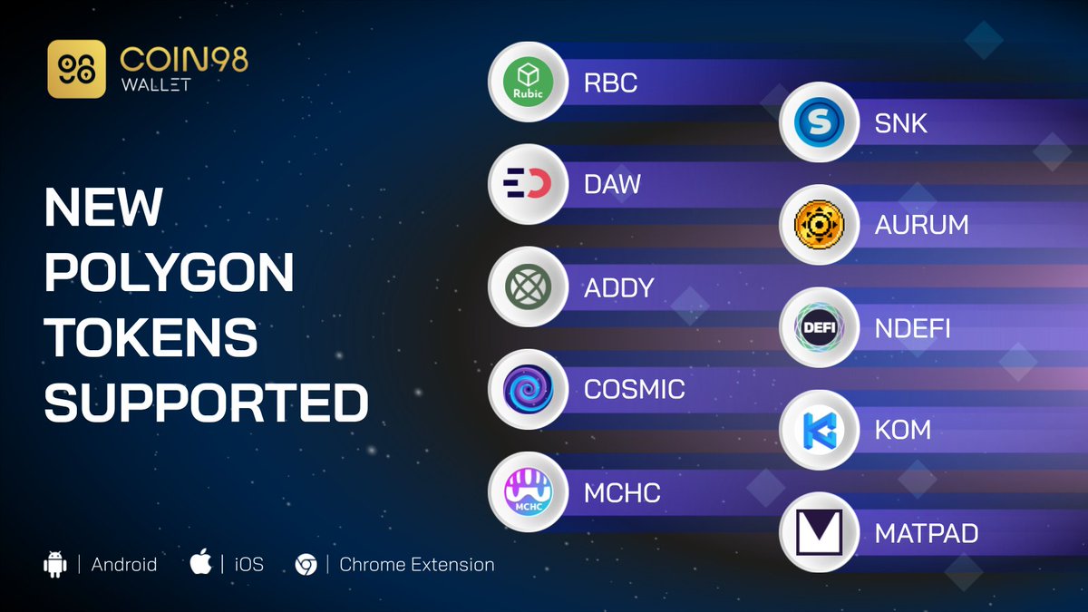 coin98_wallet's tweet image. Any @0xPolygon fans there? 🤩 Raise your hands up🤘

Let&apos;s meet those new Polygon tokens in the Coin98 Wallet family this week!

Did you search up for any of those tokens?🔎

$RBC $DAW $ADDY $COSMIC $MCHC $MATPAD $SNK $AURUM $nDEFI $KOM