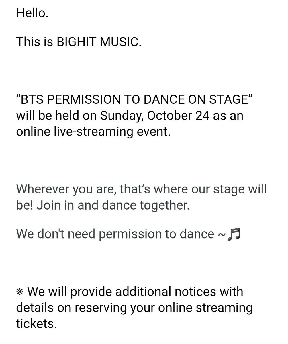 likechizu's tweet photo. .@BTS_twt “PERMISSION TO DANCE ON STAGE” Online Live Streaming Event (Concert) coming soon!!!

October 24 @ 16.30 WIB / 17.30 WITA / 18.30 (KST) https://t.co/tXIdx5lffI