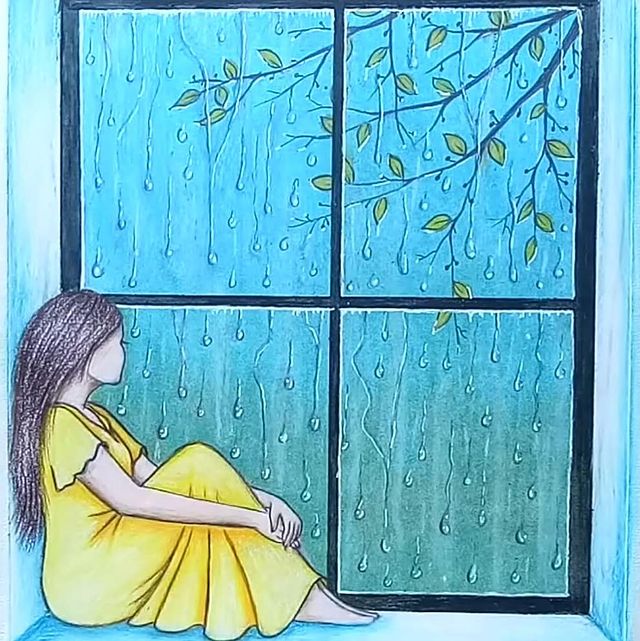 A Pencil Drawing of Girl on a Rainy Day - Etsy