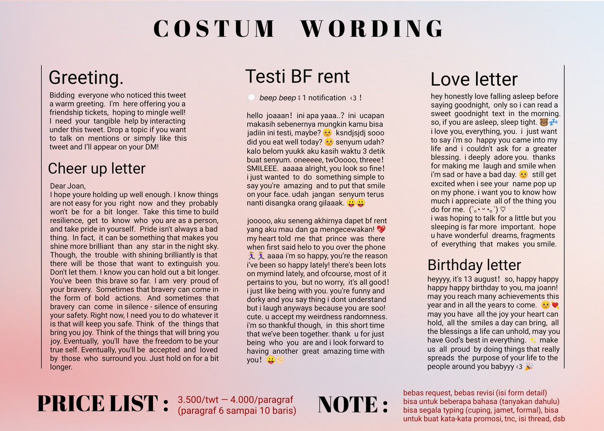 HALO BOLEH MINTA RT? 😥 dont let this flopppp!!!!! dankeee <3

aku open wording ada bio twtpane pinword ama bs costum🥺 bli doonk 👉🏻👈🏻 maksimal order 5 biji buat satu orang heheh yu bli aaaaaaaaaa 😥😥 bebas revisi mpe puaaas 💘 klu mo temenan jg boleh bgt 🥰 

#zonauang #zonaba