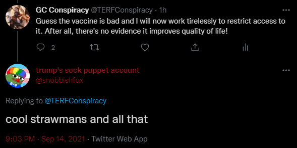 TERFConspiracy's tweet photo. Sarcasm is a logical fallacy. I am very smart. https://t.co/USxdjwdJEb
