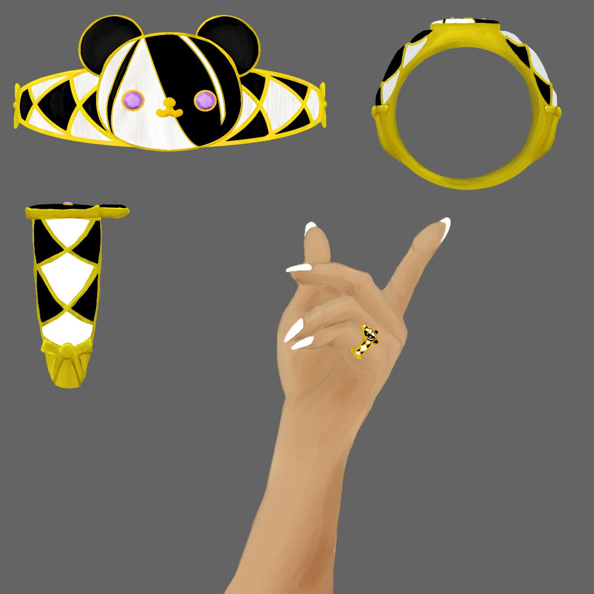 GeoverdeV's tweet photo. My Design based on @jempai_streams Design
The stones are Lavender Amethyst for the eyes, With white mother of pearl and black onyx Set in gold. The design itself is more of a Mosaic signet ring.
#JempArt https://t.co/RWiEQBsSYA