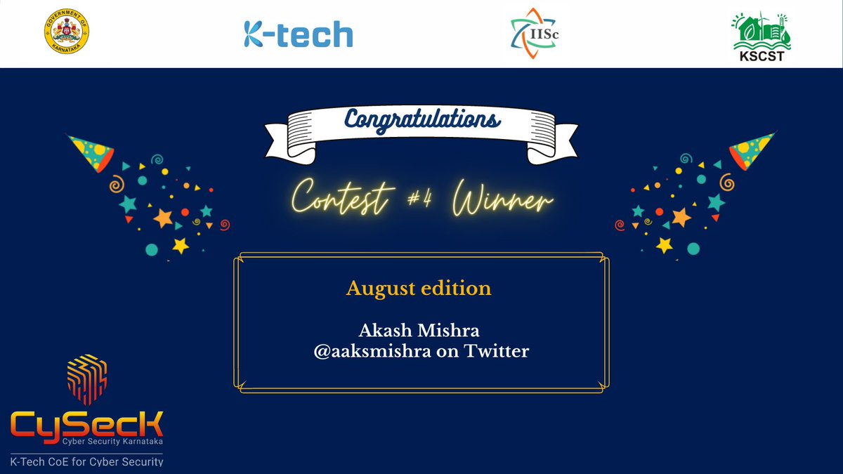 CySecKCoE's tweet photo. 🥳Congratulations to our winner of August edition!!!! 🎉🎉
#CySecKCoE #CyberVartika https://t.co/WX163PUz4V