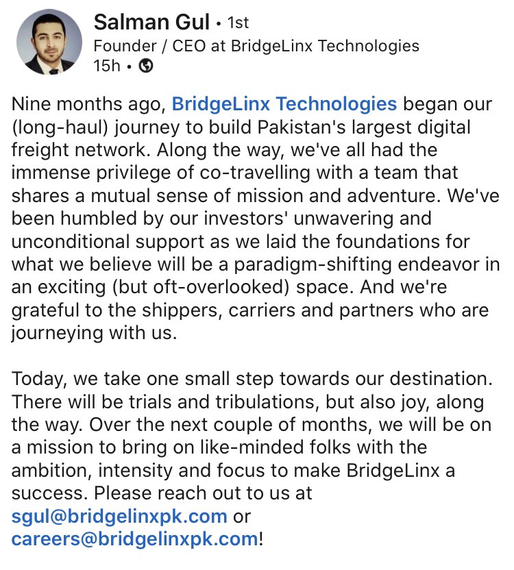 Here’s what our co-founder & CEO @SalGulman has to say about our seed round. We’re hiring - look at our open roles at bridgelinxpk.com/careers or reach out directly at careers@bridgelinxpk.com