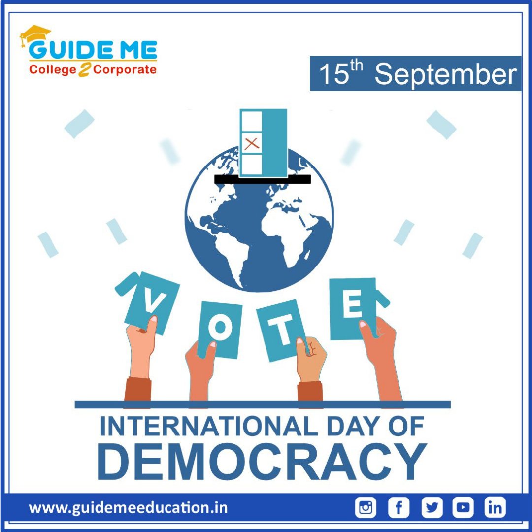 International Day of Democracy is observed on 15 September to remind people that democracy is about people. #DemocracyDay #StandUp4HumanRights #CollegeToCorporate #ThinkMBAThinkGuideMe #BSchoolInsight #MBA #PGDM #MentorForGuidance #LifeLongLearning #UpSkill #CAT #EdTechStartup https://t.co/DWwRnFol5A