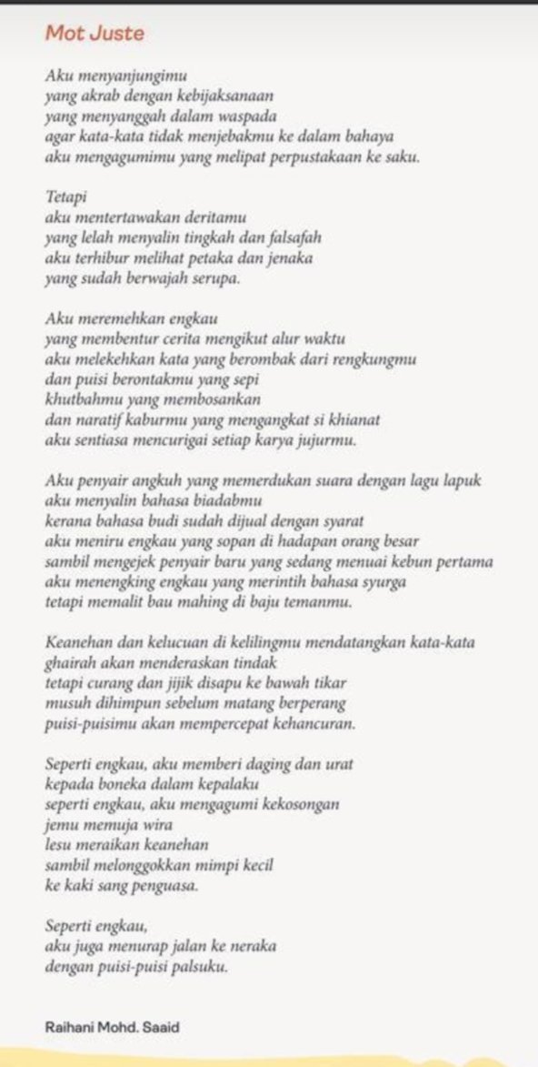 RaihaniTSN's tweet photo. Oleh kerana Dewan Sastera Oktober sudah terbit,maka barulah saya siarkan sepenuhnya puisi Mot Juste.
Pengucapan serba ironis,menurut pengkritik puisi edisi September, Dr. Lim Swee Tin. 😁
#puisi #dewansastera https://t.co/LiU8vGBLi0