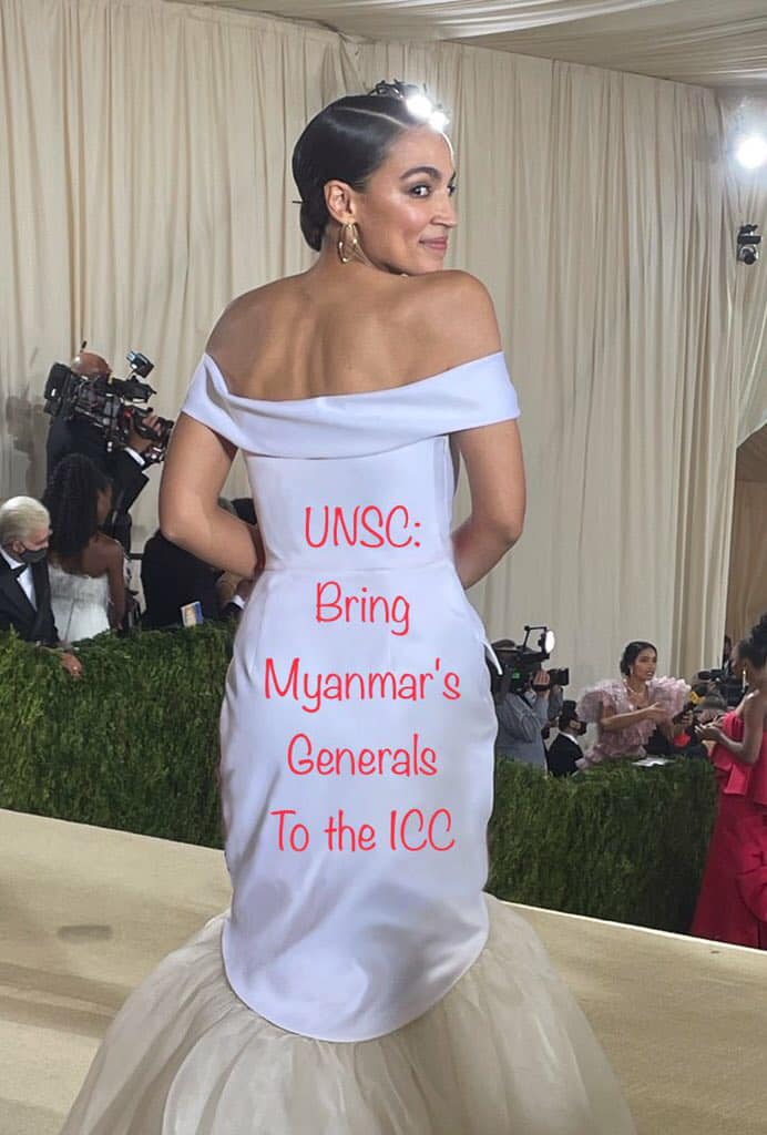 Thinzar Shunlei Yi (@thinzashunleiyi) on Twitter photo A timely message from #Myanmar using the opportunity <a href="/AOC/">Alexandria Ocasio-Cortez</a> has made the most out of #MetGala2021
Check 👉#WhatsHappeninglnMyanmar on Day 227 after the #MilitaryCoup ‼️🔴
#Sep15Coup #InternationalDemocracyDay
Thanks to original creator of this photo A timely message from #Myanmar using the opportunity <a href="/AOC/">Alexandria Ocasio-Cortez</a> has made the most out of #MetGala2021
Check 👉#WhatsHappeninglnMyanmar on Day 227 after the #MilitaryCoup ‼️🔴
#Sep15Coup #InternationalDemocracyDay
Thanks to original creator of this photo