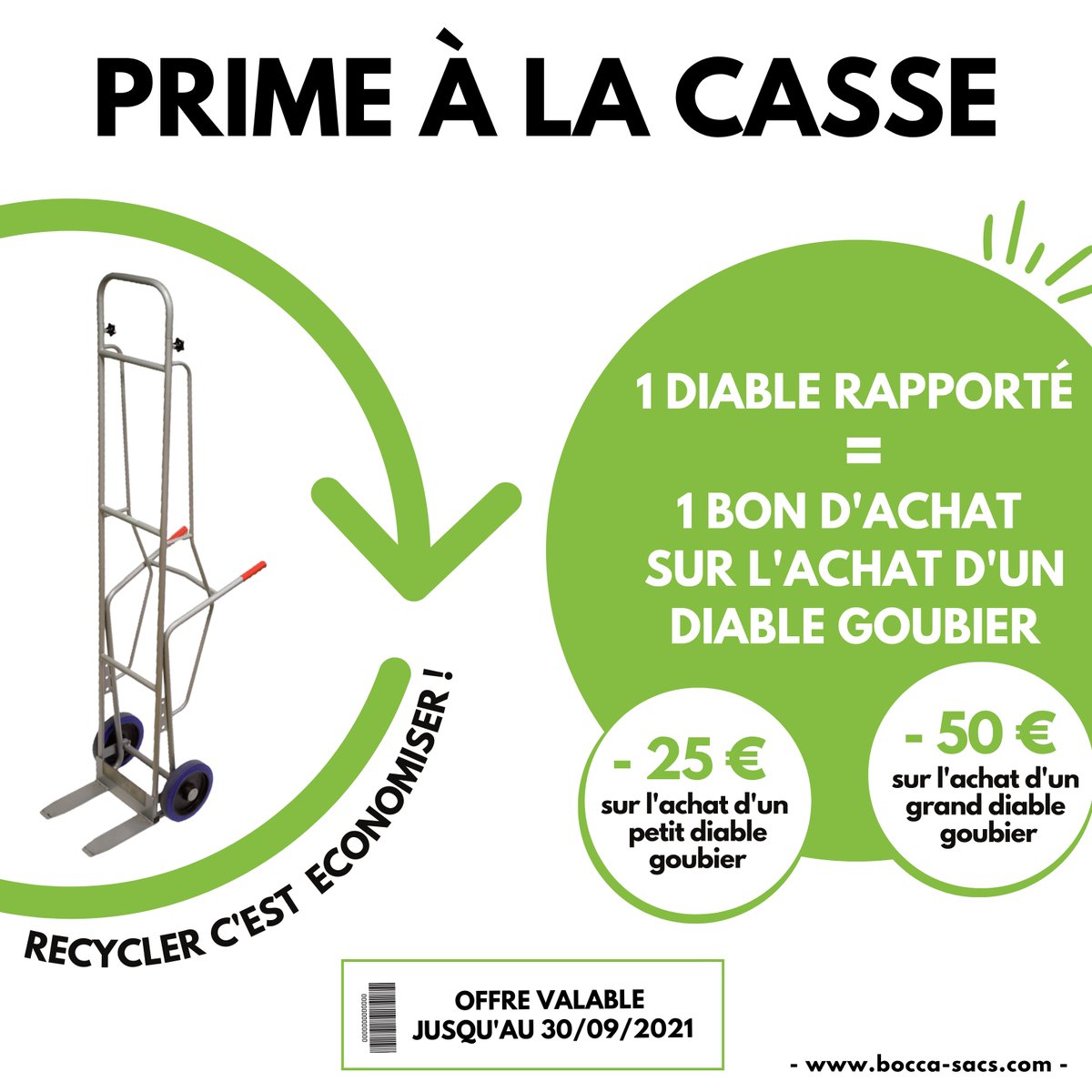 bocca_sacs's tweet photo. 📢 LA PRIME A LA CASSE, comment ça marche ?
C'est très simple, il vous suffit de ramener votre diable en magasin et profitez d'une réduction de 25€ à 50€ sur l'achat d'un nouveau diable goubier ! N'attendez plus l'offre est valable jusqu'au 30/09/2021 ! #diable #goubier https://t.co/jwh2THfUZY
