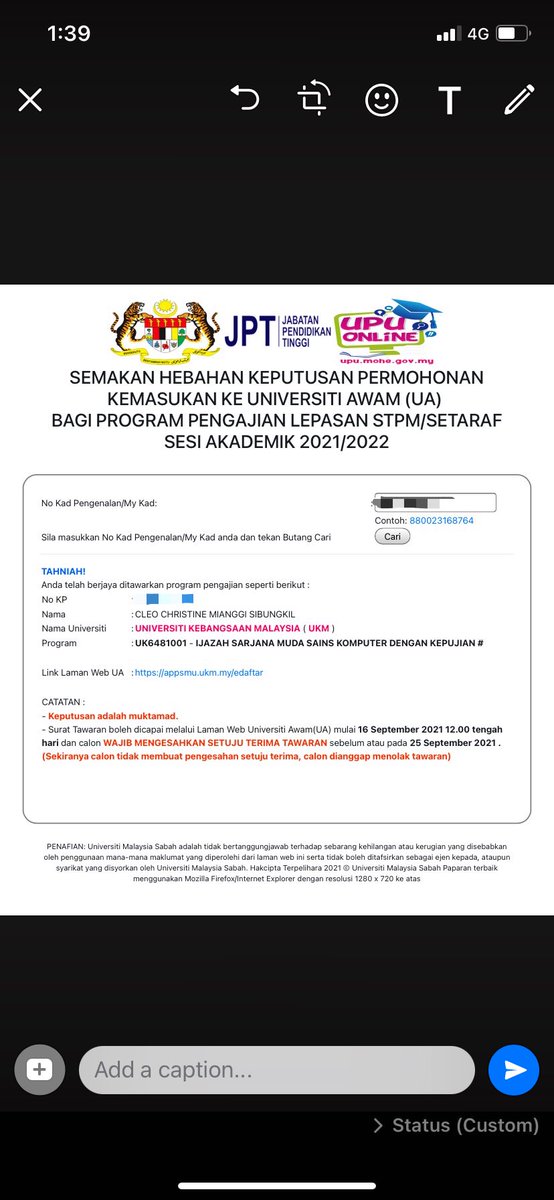eyocleo's tweet photo. HELLO TWT PEOPLE JUST WANTED TO ANNOUNCE MY UPU RESULTS AND THAT I GOT INTO UKM HSHSHHSHSHSHSHAHSH searching for comp sc friends now 😳 https://t.co/fQQuQkg3XS